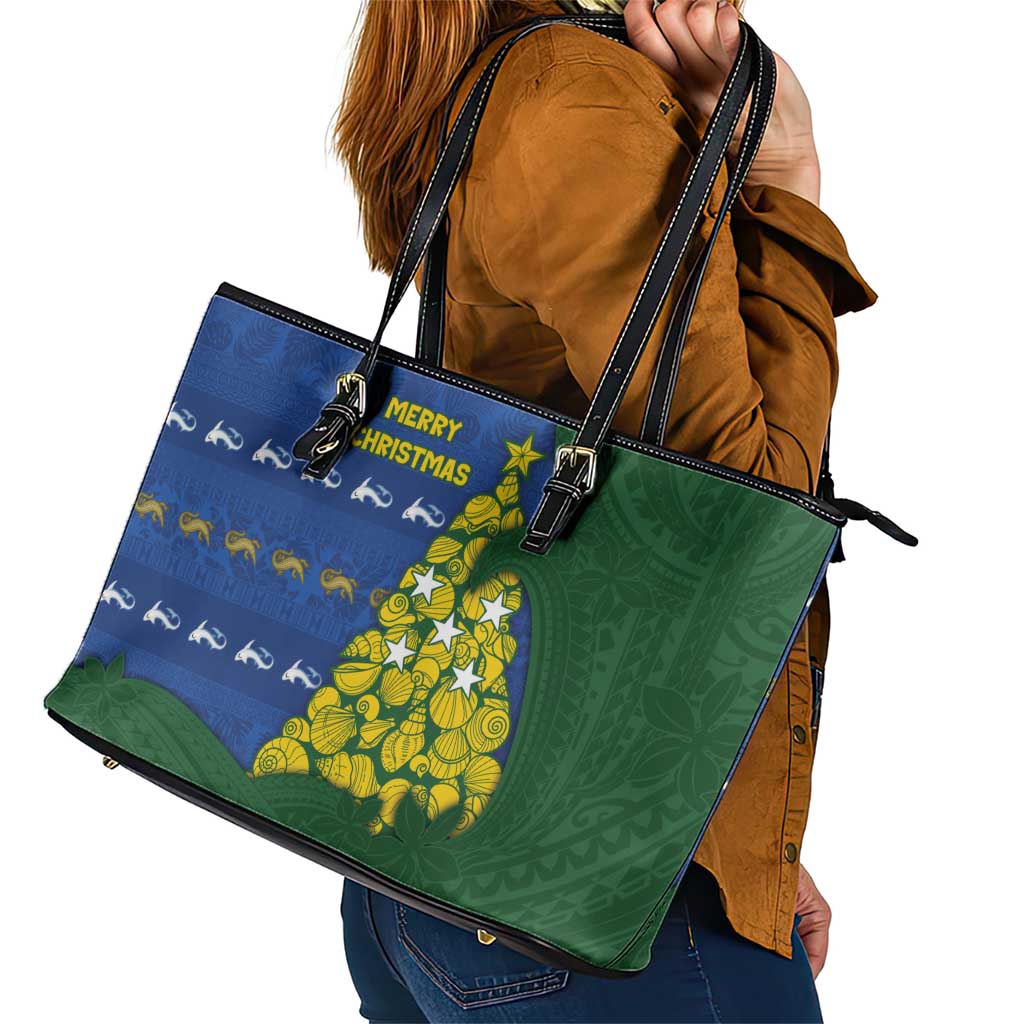 Solomon Islands Christmas Leather Tote Bag Seashell Xmas Tree Tribal Waves DT05 - Polynesian Pride