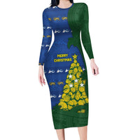 Solomon Islands Christmas Long Sleeve Bodycon Dress Seashell Xmas Tree Tribal Waves DT05 Long Dress Navy - Polynesian Pride