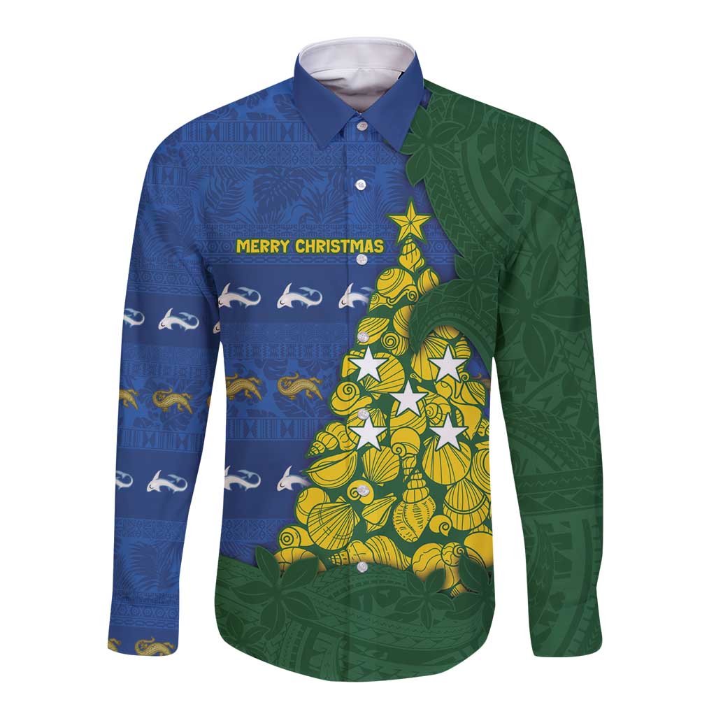 Solomon Islands Christmas Long Sleeve Button Shirt Seashell Xmas Tree Tribal Waves DT05 Unisex Navy - Polynesian Pride