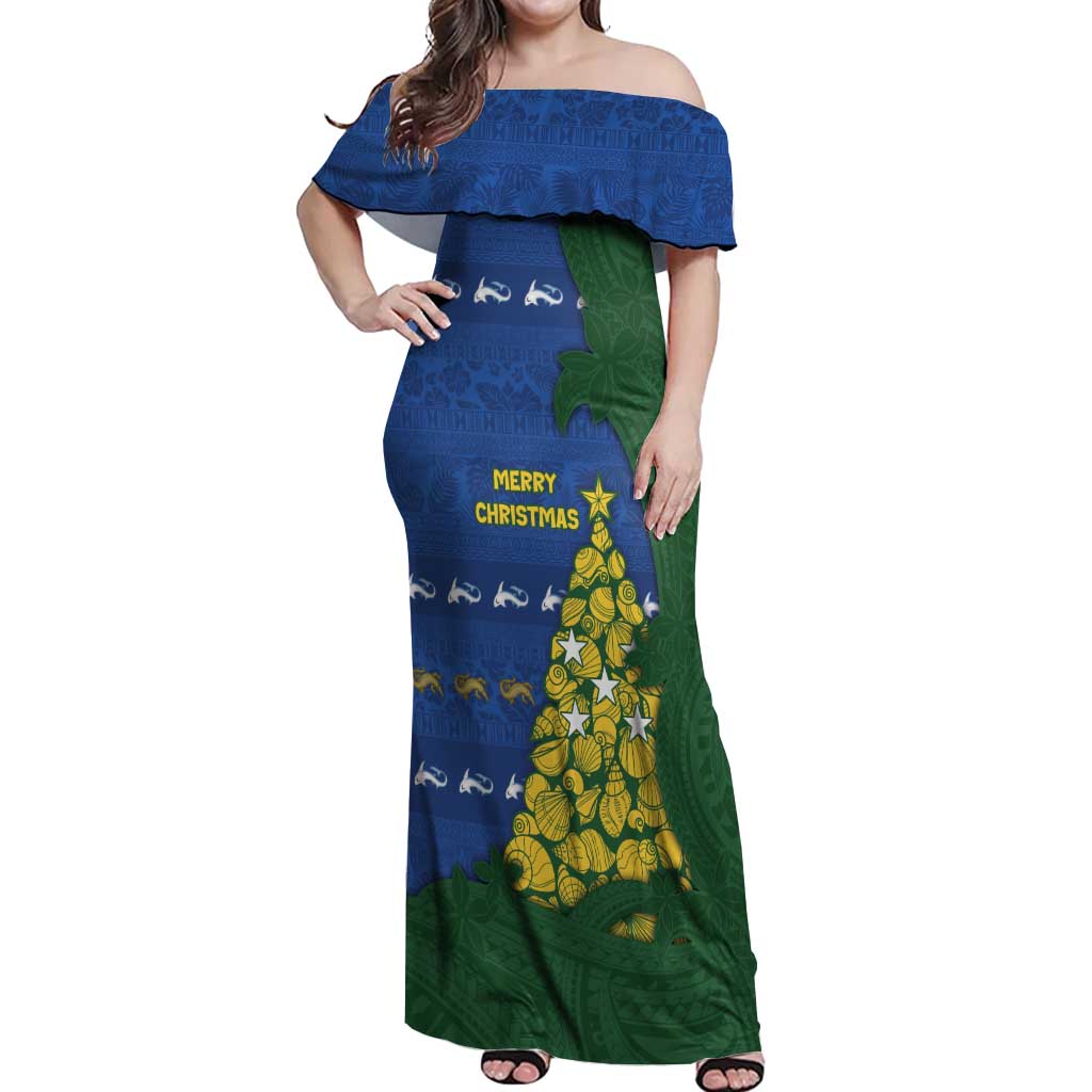 Solomon Islands Christmas Off Shoulder Maxi Dress Seashell Xmas Tree Tribal Waves DT05 Women Navy - Polynesian Pride
