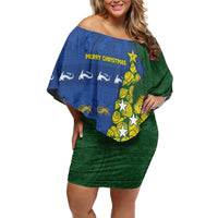 Solomon Islands Christmas Off Shoulder Short Dress Seashell Xmas Tree Tribal Waves DT05 Women Navy - Polynesian Pride