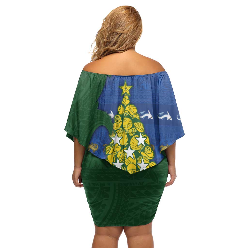 Solomon Islands Christmas Off Shoulder Short Dress Seashell Xmas Tree Tribal Waves DT05 - Polynesian Pride