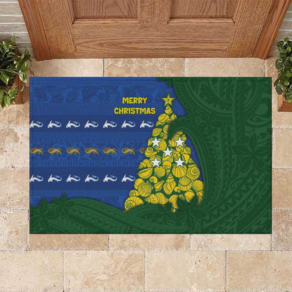 Solomon Islands Christmas Rubber Doormat Seashell Xmas Tree Tribal Waves DT05 Navy - Polynesian Pride