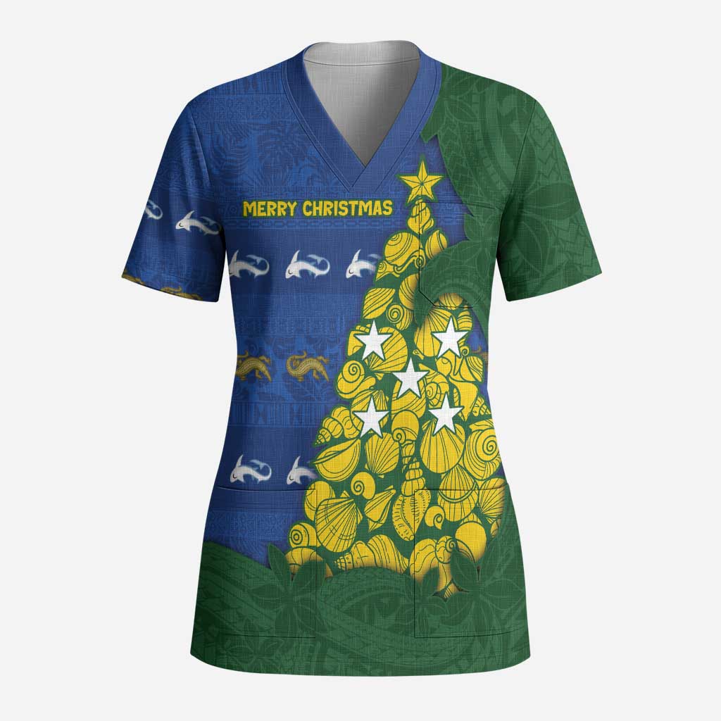 Solomon Islands Christmas Scrub Top Seashell Xmas Tree Tribal Waves DT05 Adult Navy - Polynesian Pride