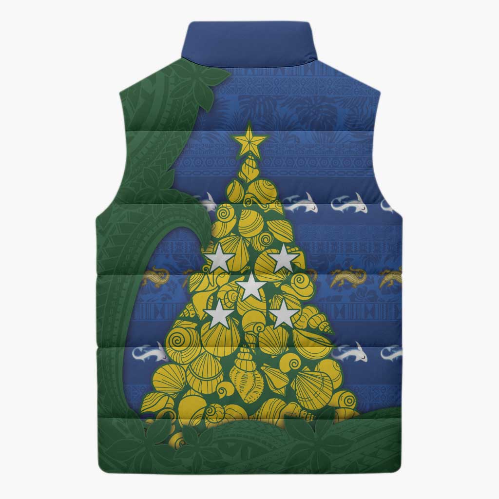 Solomon Islands Christmas Sleeveless Puffer Jacket Seashell Xmas Tree Tribal Waves DT05 - Polynesian Pride