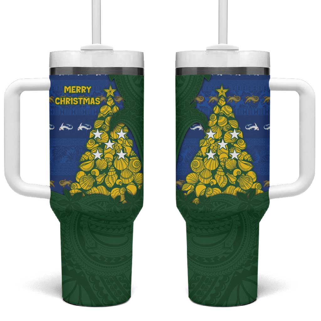 Solomon Islands Christmas Tumbler With Handle Seashell Xmas Tree Tribal Waves DT05 One Size: 40 oz Navy - Polynesian Pride