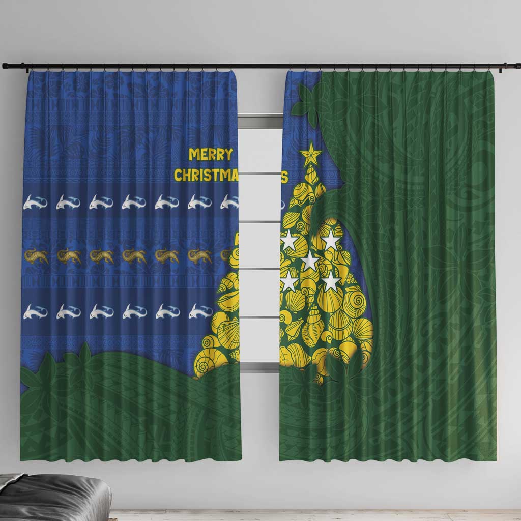 Solomon Islands Christmas Window Curtain Seashell Xmas Tree Tribal Waves DT05 With Hooks Navy - Polynesian Pride