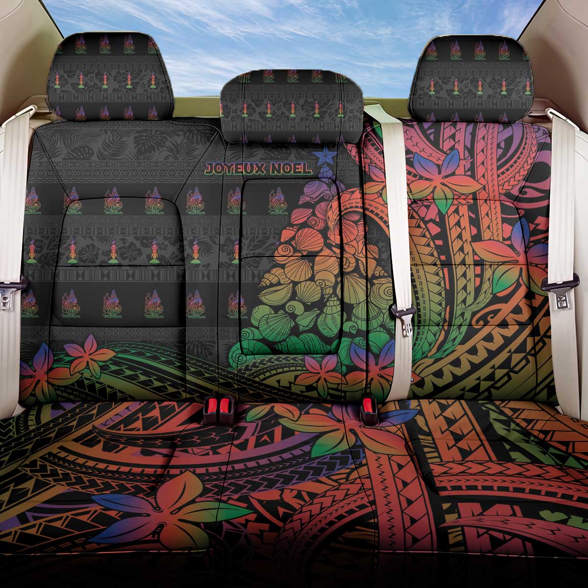 New Caledonia Christmas Back Car Seat Cover Seashell Xmas Tree Tribal Waves DT05 One Size Black - Polynesian Pride
