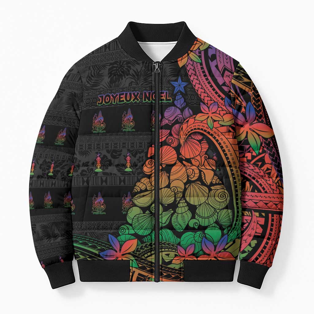New Caledonia Christmas Bomber Puffer Jacket Seashell Xmas Tree Tribal Waves DT05 Unisex Black - Polynesian Pride