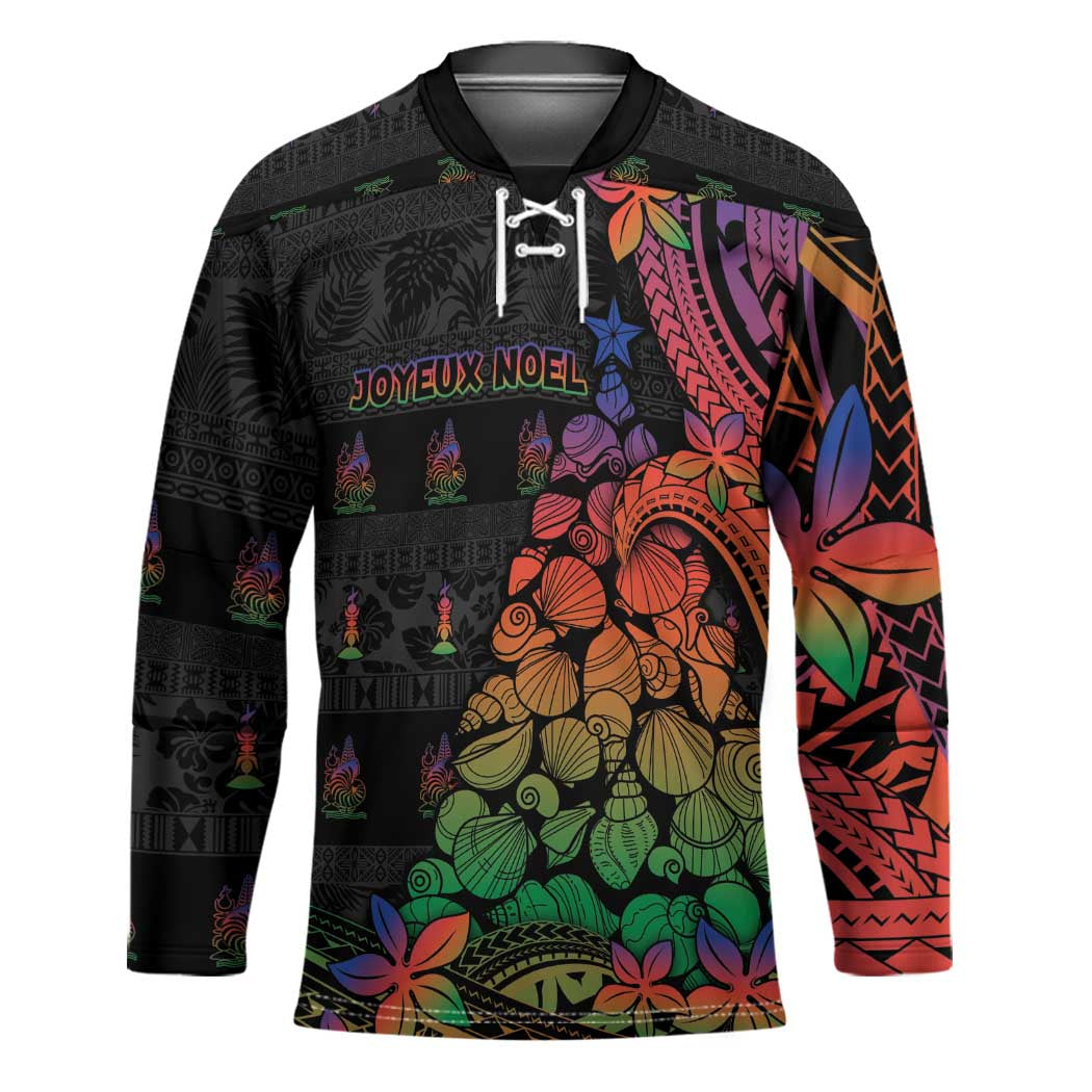 New Caledonia Christmas Hockey Jersey Seashell Xmas Tree Tribal Waves DT05 Unisex Black - Polynesian Pride