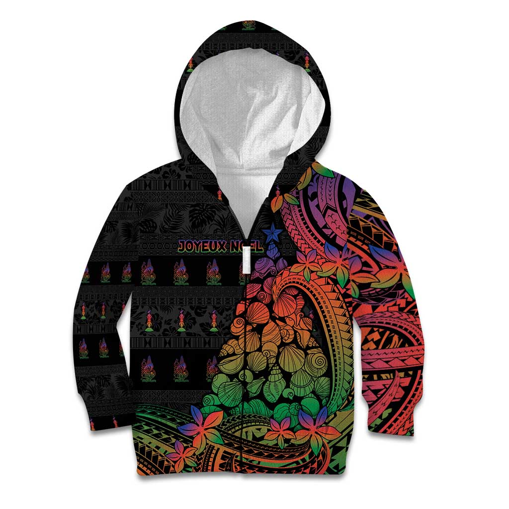 New Caledonia Christmas Kid Hoodie Seashell Xmas Tree Tribal Waves DT05 Zip Hoodie Black - Polynesian Pride