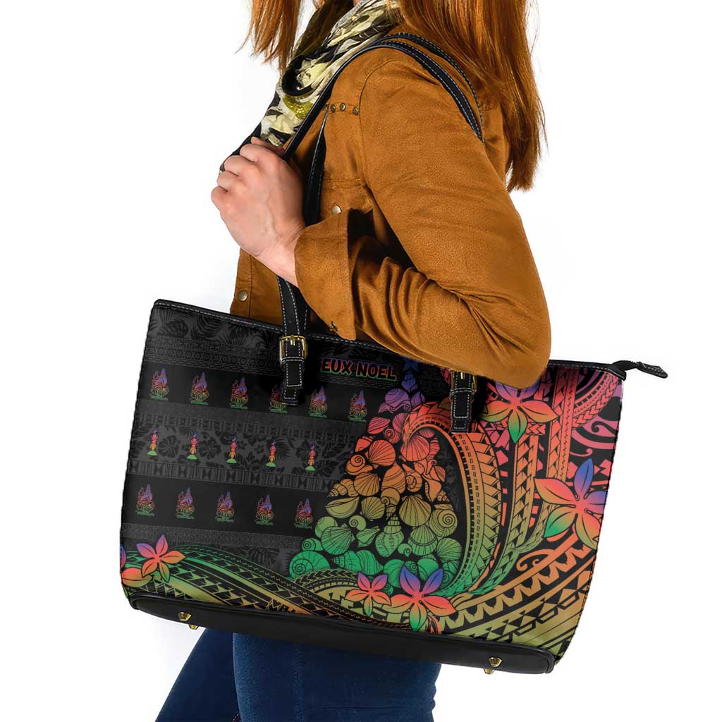 New Caledonia Christmas Leather Tote Bag Seashell Xmas Tree Tribal Waves DT05 Black - Polynesian Pride