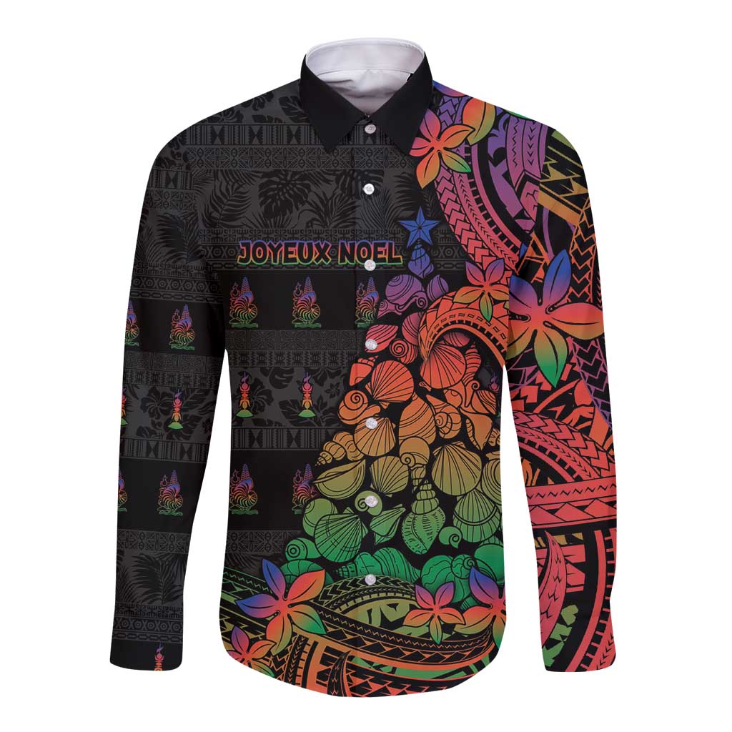 New Caledonia Christmas Long Sleeve Button Shirt Seashell Xmas Tree Tribal Waves DT05 Unisex Black - Polynesian Pride