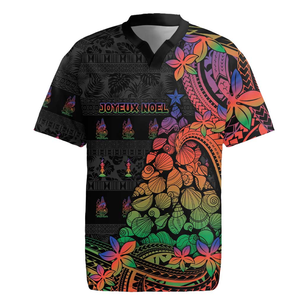 New Caledonia Christmas Rugby Jersey Seashell Xmas Tree Tribal Waves DT05 Black - Polynesian Pride