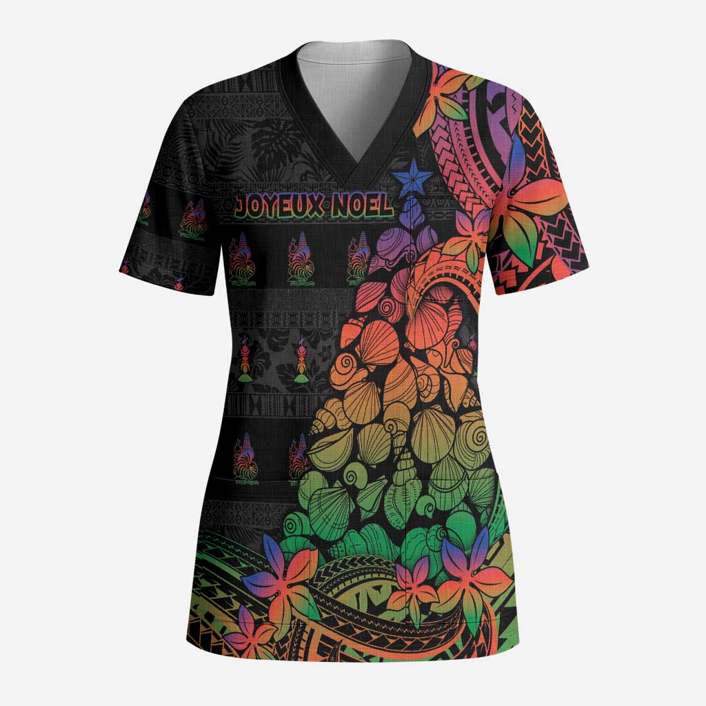 New Caledonia Christmas Scrub Top Seashell Xmas Tree Tribal Waves DT05 Adult Black - Polynesian Pride