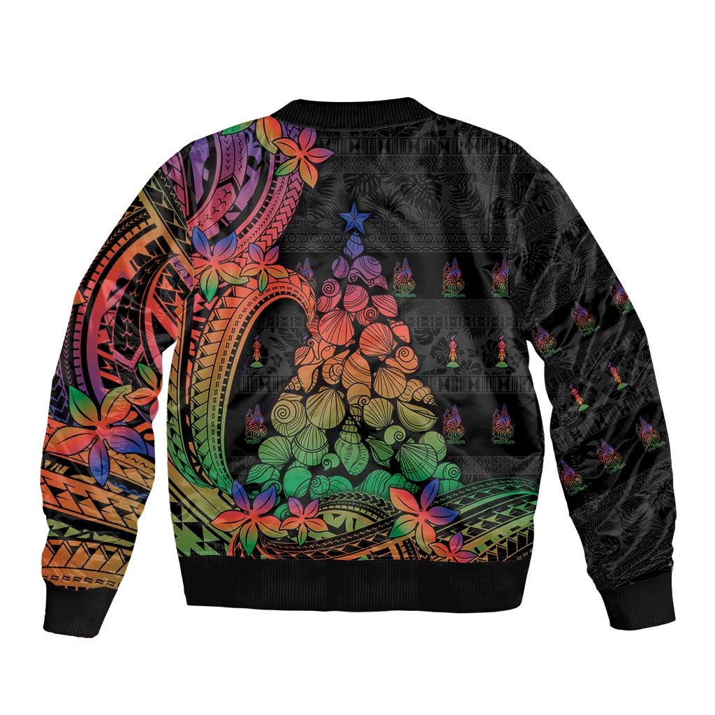 New Caledonia Christmas Sleeve Zip Bomber Jacket Seashell Xmas Tree Tribal Waves DT05 - Polynesian Pride