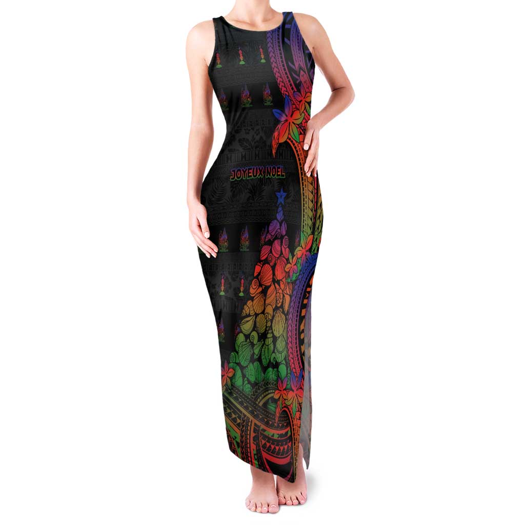 New Caledonia Christmas Tank Maxi Dress Seashell Xmas Tree Tribal Waves DT05 Women Black - Polynesian Pride