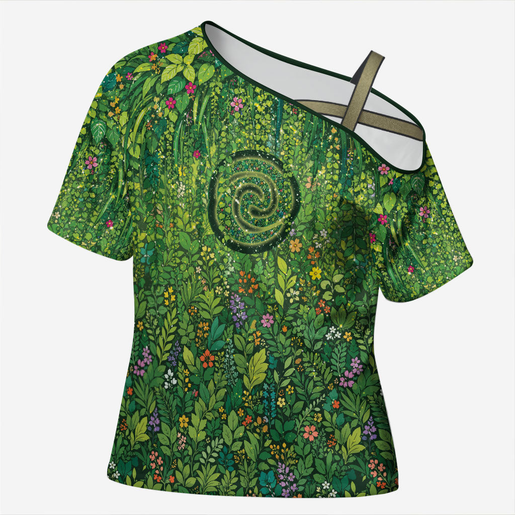 Polynesia Mother Nature Cross Shoulder Shirt Glowing Heart Spiral Tropical Vine Floral DT05 Female Green - Polynesian Pride
