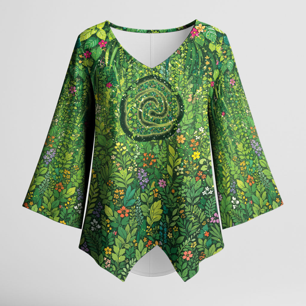 Polynesia Mother Nature Kimono Sleeve Blouse Glowing Heart Spiral Tropical Vine Floral DT05 Female Green - Polynesian Pride