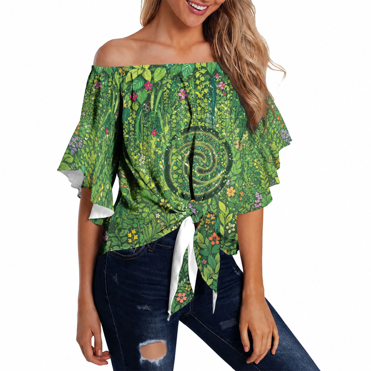 Polynesia Mother Nature Off Shoulder Wrap Waist Top Glowing Heart Spiral Tropical Vine Floral DT05 Green - Polynesian Pride