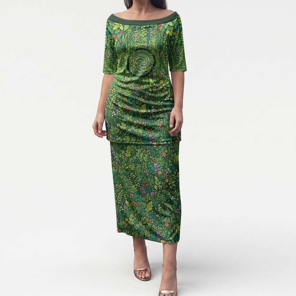 Polynesia Mother Nature Puletasi Glowing Heart Spiral Tropical Vine Floral DT05 Long Dress Green - Polynesian Pride