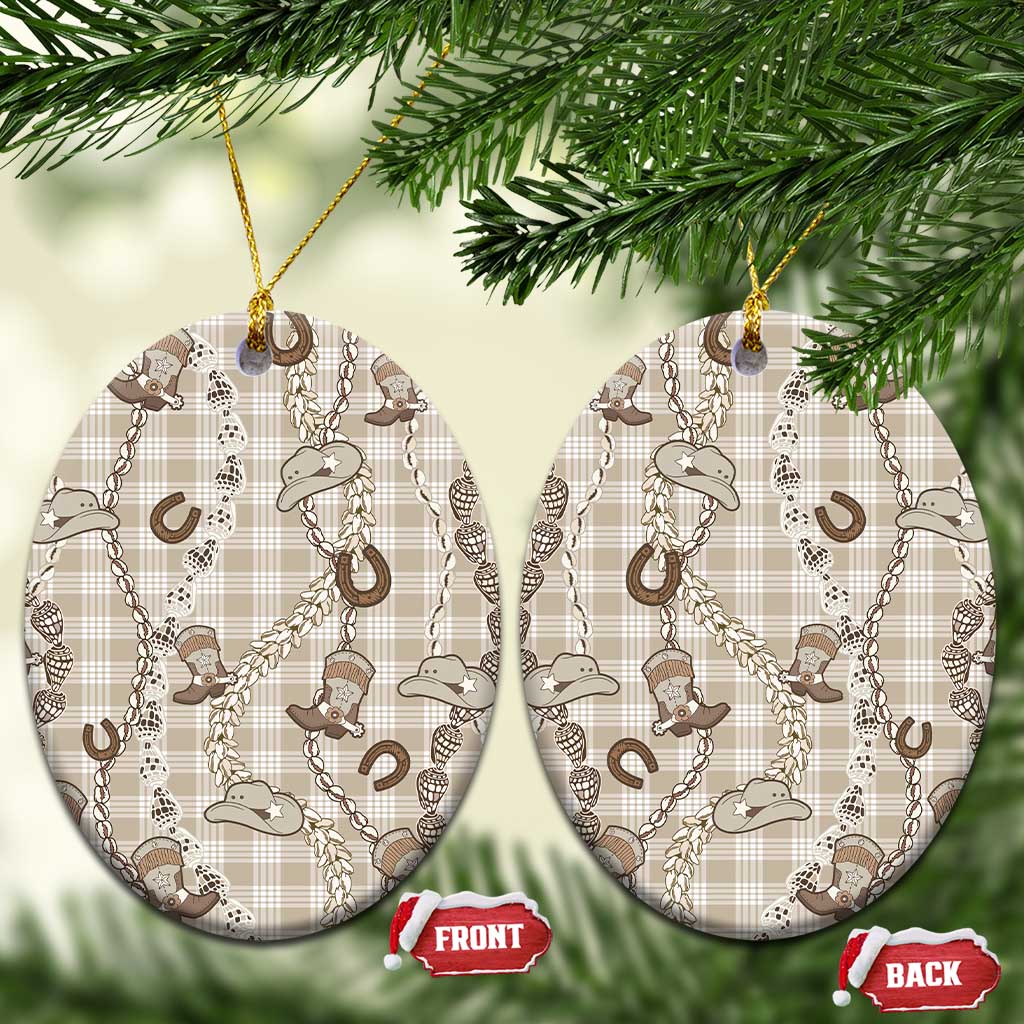 Hawaii Palaka Cowboy Ceramic Ornament Shell Maile Lei With Western Patterns DT05 Oval Beige - Polynesian Pride