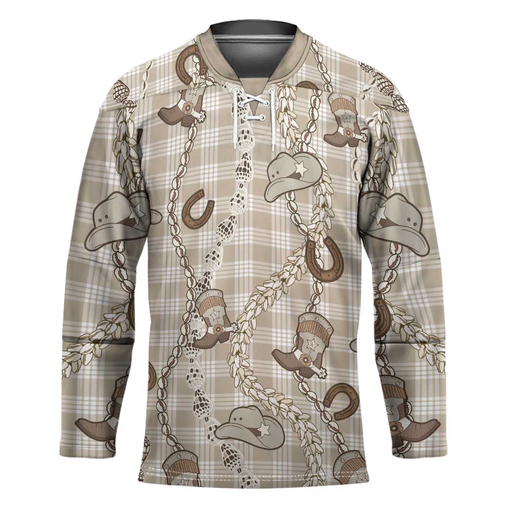 Hawaii Palaka Cowboy Hockey Jersey Shell Maile Lei With Western Patterns DT05 Unisex Beige - Polynesian Pride