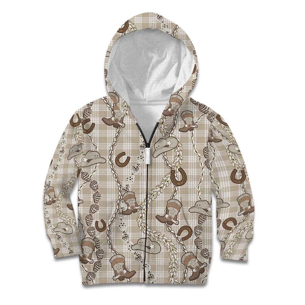 Hawaii Palaka Cowboy Kid Hoodie Shell Maile Lei With Western Patterns DT05 Zip Hoodie Beige - Polynesian Pride