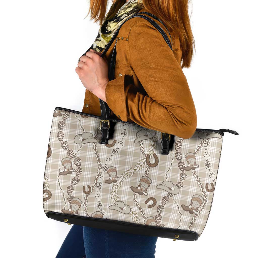 Hawaii Palaka Cowboy Leather Tote Bag Shell Maile Lei With Western Patterns DT05 Beige - Polynesian Pride