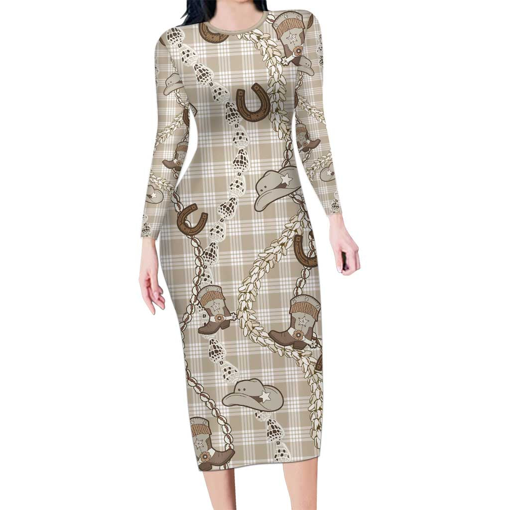 Hawaii Palaka Cowboy Long Sleeve Bodycon Dress Shell Maile Lei With Western Patterns DT05 Long Dress Beige - Polynesian Pride