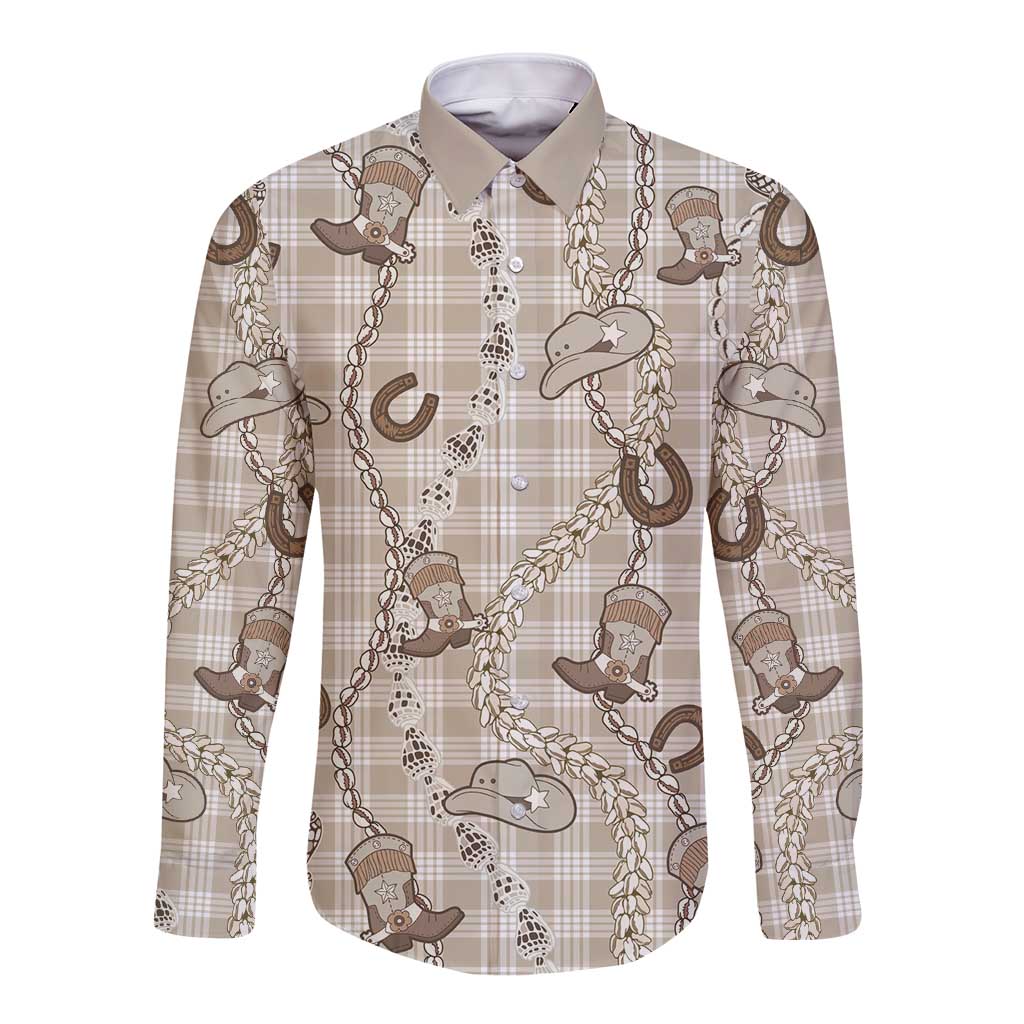 Hawaii Palaka Cowboy Long Sleeve Button Shirt Shell Maile Lei With Western Patterns DT05 Unisex Beige - Polynesian Pride