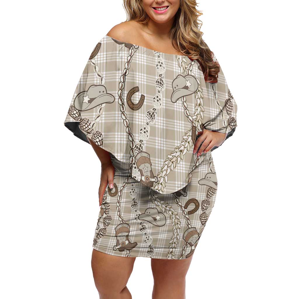Hawaii Palaka Cowboy Off Shoulder Short Dress Shell Maile Lei With Western Patterns DT05 Women Beige - Polynesian Pride