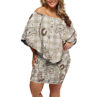 Hawaii Palaka Cowboy Off Shoulder Short Dress Shell Maile Lei With Western Patterns DT05 Women Beige - Polynesian Pride