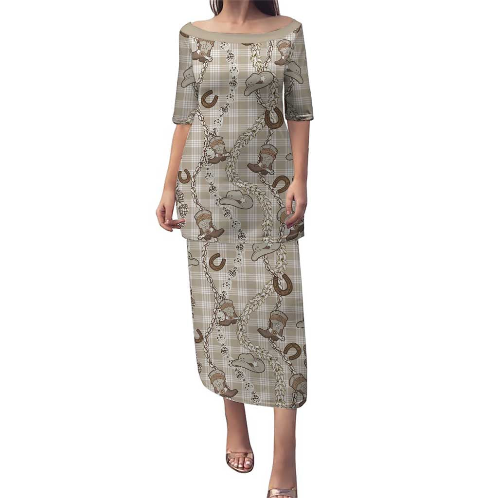 Hawaii Palaka Cowboy Puletasi Shell Maile Lei With Western Patterns DT05 Long Dress Beige - Polynesian Pride