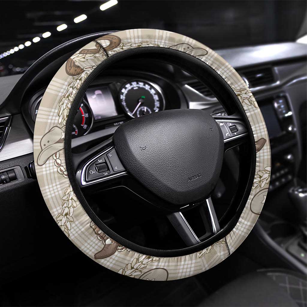 Hawaii Palaka Cowboy Steering Wheel Cover Shell Maile Lei With Western Patterns DT05 Universal Fit Beige - Polynesian Pride