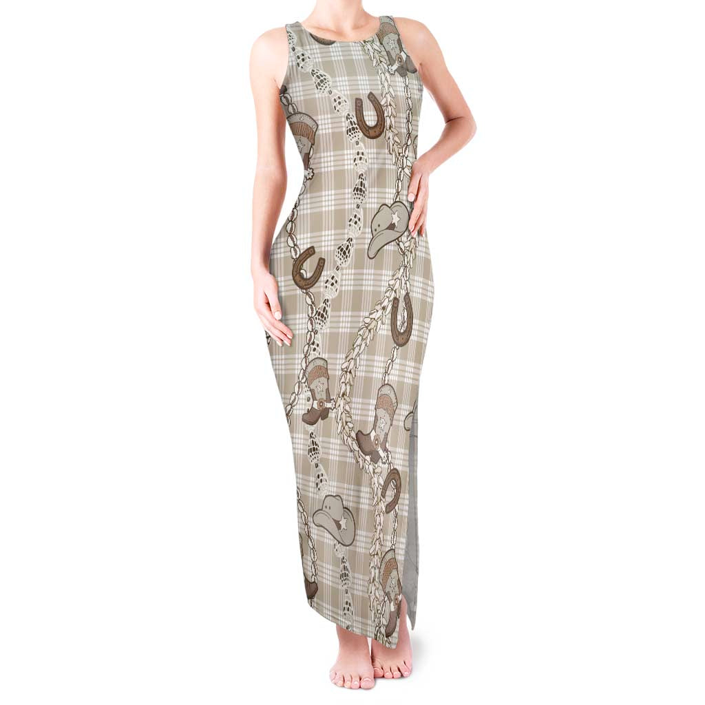 Hawaii Palaka Cowboy Tank Maxi Dress Shell Maile Lei With Western Patterns DT05 Women Beige - Polynesian Pride