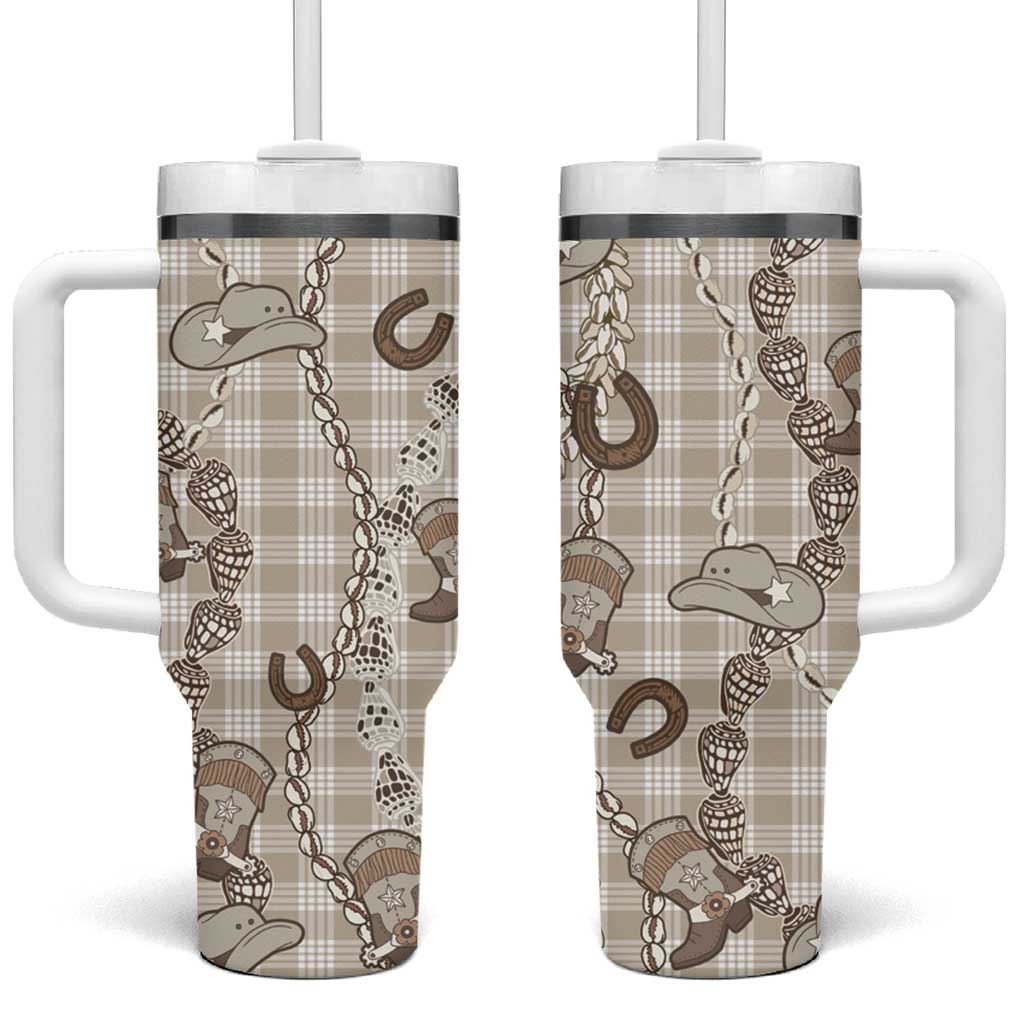 Hawaii Palaka Cowboy Tumbler With Handle Shell Maile Lei With Western Patterns DT05 One Size: 40 oz Beige - Polynesian Pride