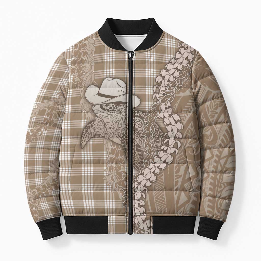 Beige Hawaii Palaka Cowboy Turtle Bomber Puffer Jacket Hawaiian Paniolo Puakenikeni Maile Lei DT05 Unisex Beige - Polynesian Pride