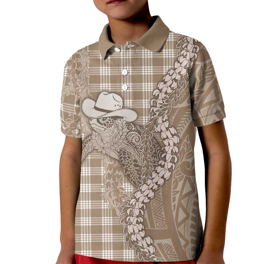 Beige Hawaii Palaka Cowboy Turtle Kid Polo Shirt Hawaiian Paniolo Puakenikeni Maile Lei DT05 Kid Beige - Polynesian Pride