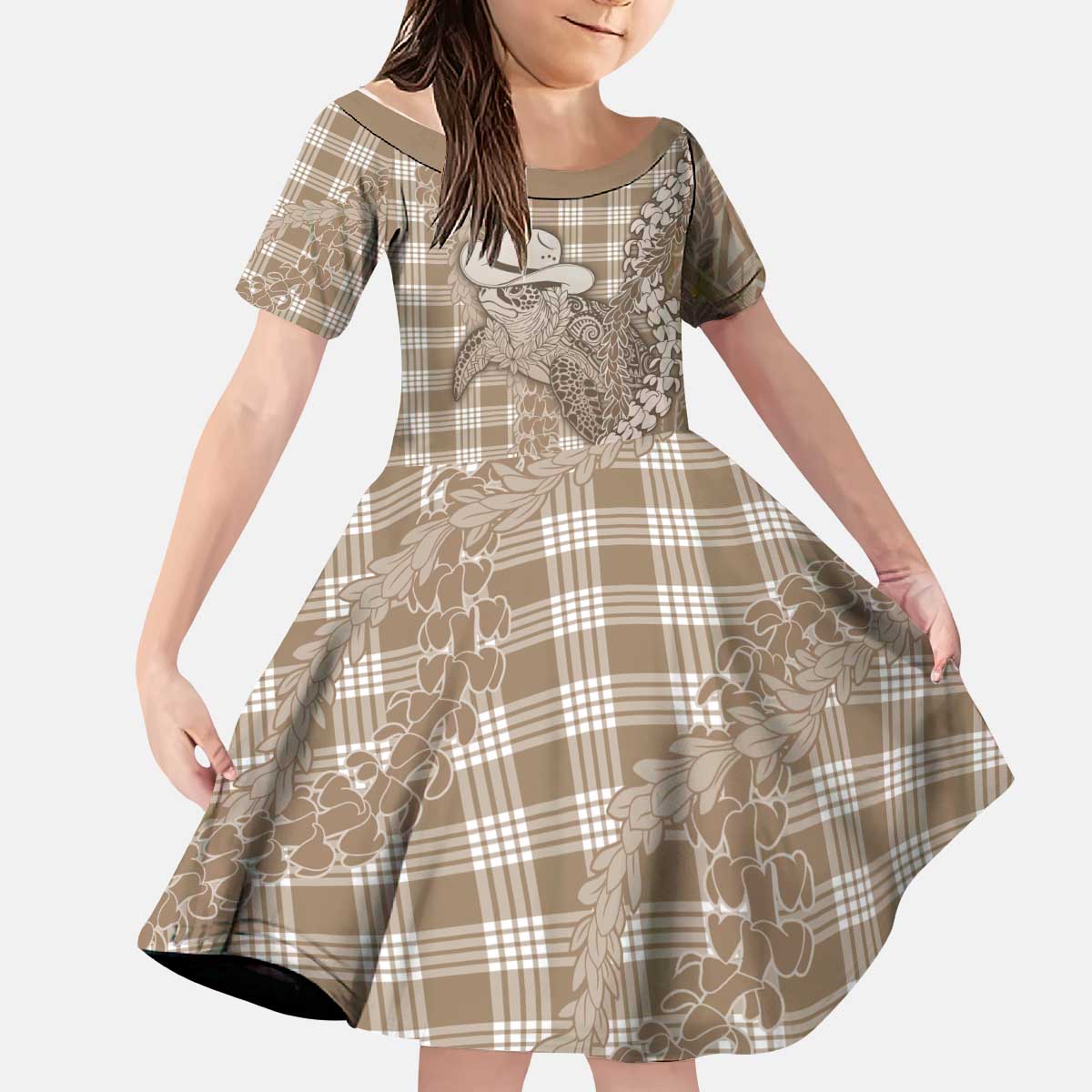 Beige Hawaii Palaka Cowboy Turtle Kid Short Sleeve Dress Hawaiian Paniolo Puakenikeni Maile Lei DT05 KID Beige - Polynesian Pride