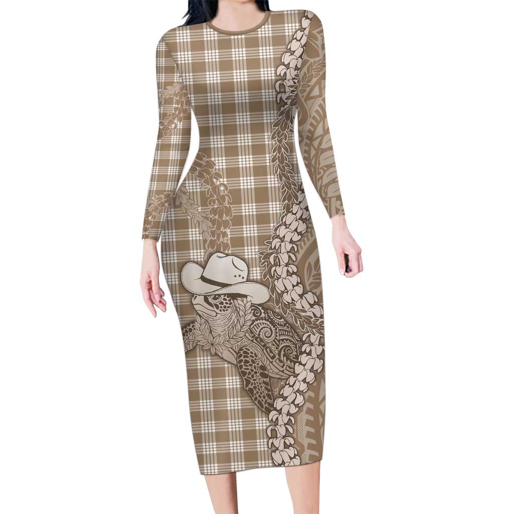 Beige Hawaii Palaka Cowboy Turtle Long Sleeve Bodycon Dress Hawaiian Paniolo Puakenikeni Maile Lei DT05 Long Dress Beige - Polynesian Pride