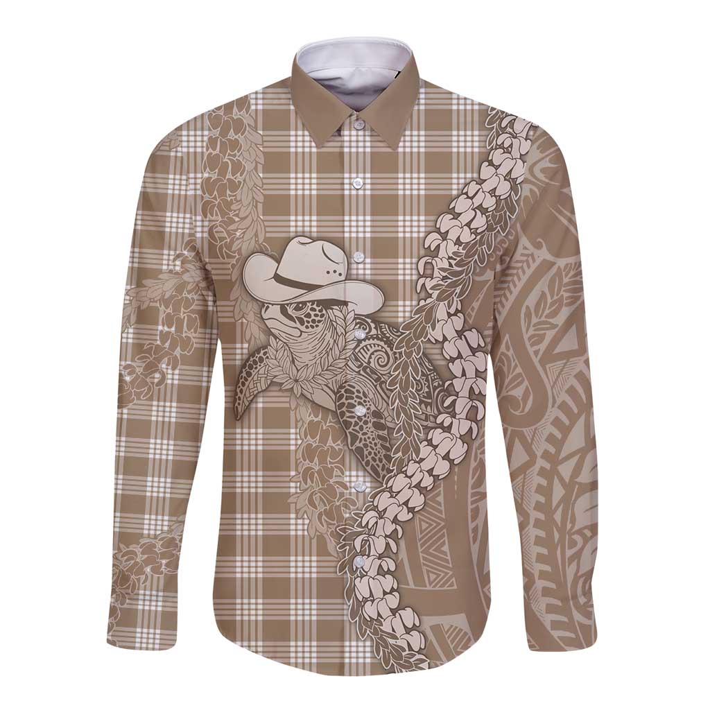 Beige Hawaii Palaka Cowboy Turtle Long Sleeve Button Shirt Hawaiian Paniolo Puakenikeni Maile Lei DT05 Unisex Beige - Polynesian Pride
