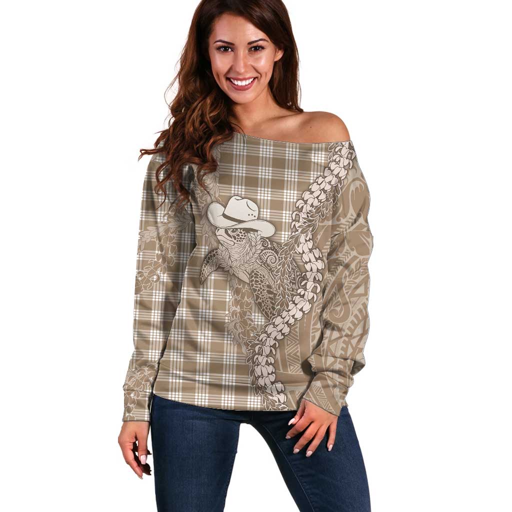 Beige Hawaii Palaka Cowboy Turtle Off Shoulder Sweater Hawaiian Paniolo Puakenikeni Maile Lei DT05 Women Beige - Polynesian Pride