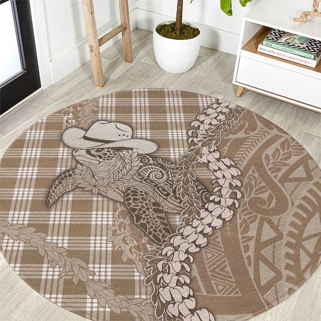 Beige Hawaii Palaka Cowboy Turtle Round Carpet Hawaiian Paniolo Puakenikeni Maile Lei DT05 Beige - Polynesian Pride
