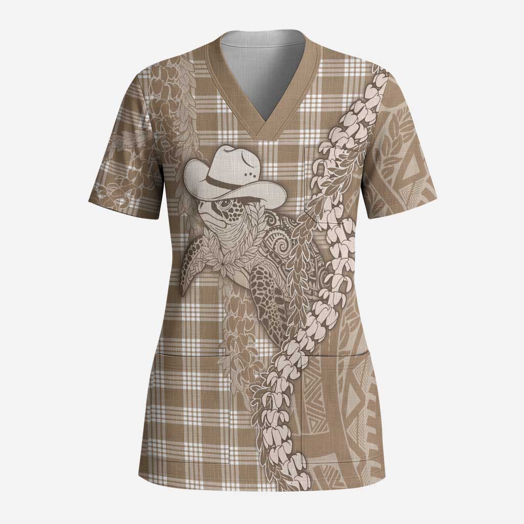 Beige Hawaii Palaka Cowboy Turtle Scrub Top Hawaiian Paniolo Puakenikeni Maile Lei DT05 Adult Beige - Polynesian Pride