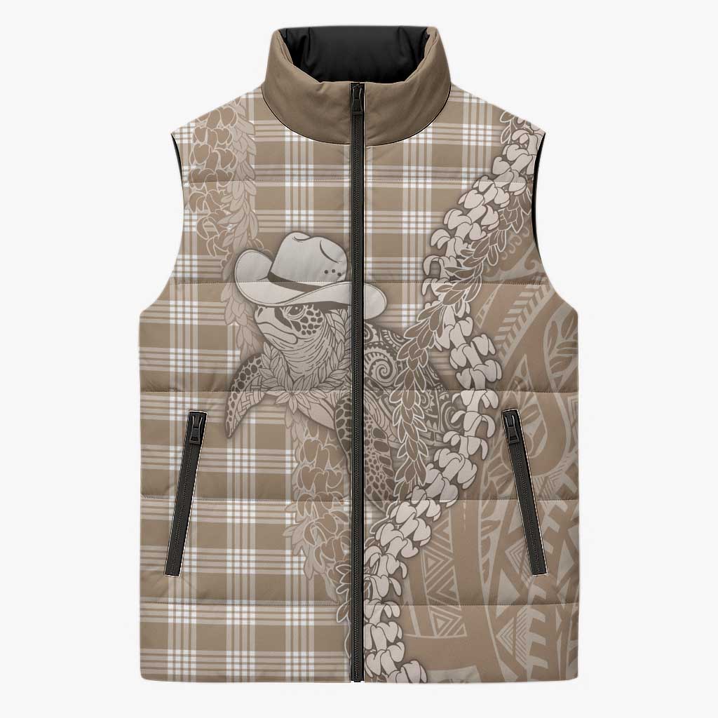 Beige Hawaii Palaka Cowboy Turtle Sleeveless Puffer Jacket Hawaiian Paniolo Puakenikeni Maile Lei DT05 Unisex Beige - Polynesian Pride