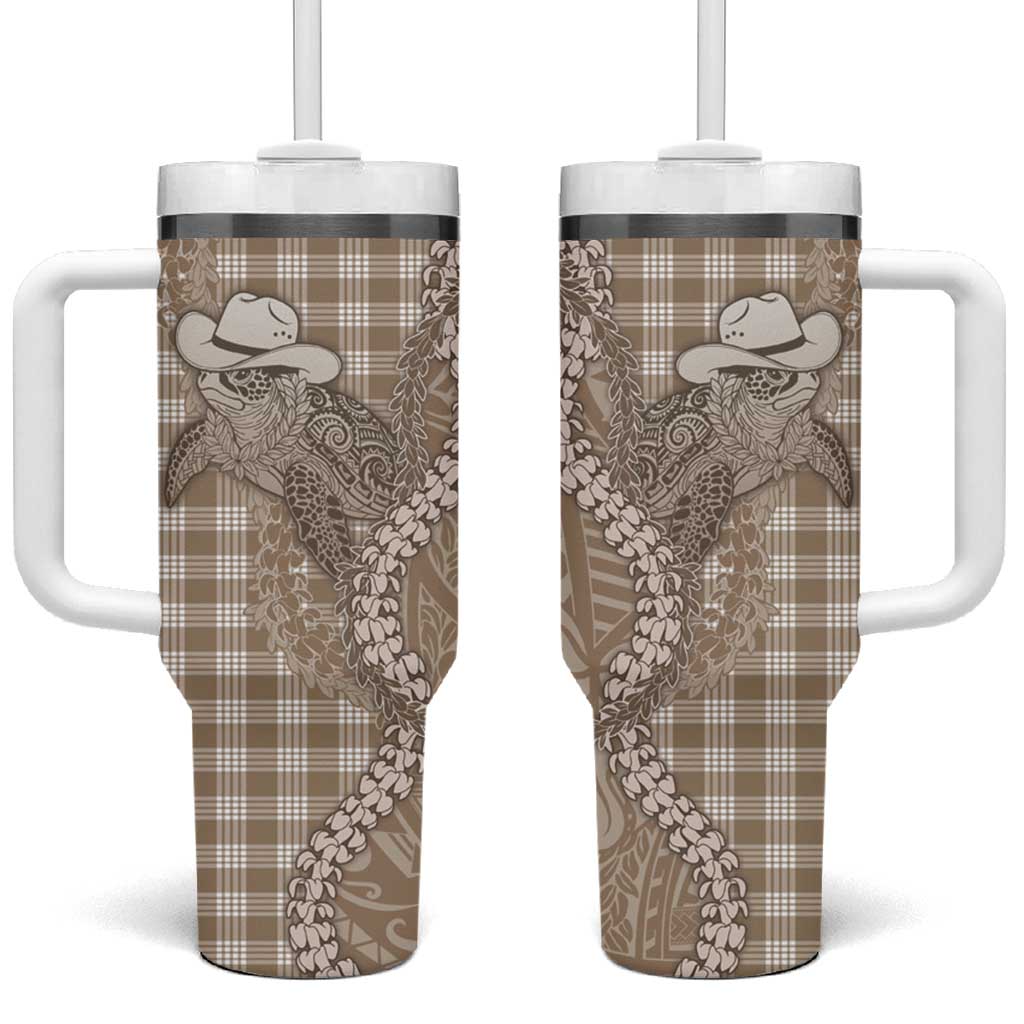 Beige Hawaii Palaka Cowboy Turtle Tumbler With Handle Hawaiian Paniolo Puakenikeni Maile Lei DT05 One Size: 40 oz Beige - Polynesian Pride