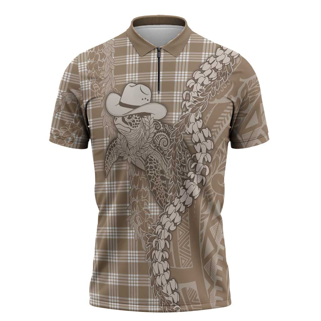 Beige Hawaii Palaka Cowboy Turtle Zipper Polo Shirt Hawaiian Paniolo Puakenikeni Maile Lei DT05 Beige - Polynesian Pride