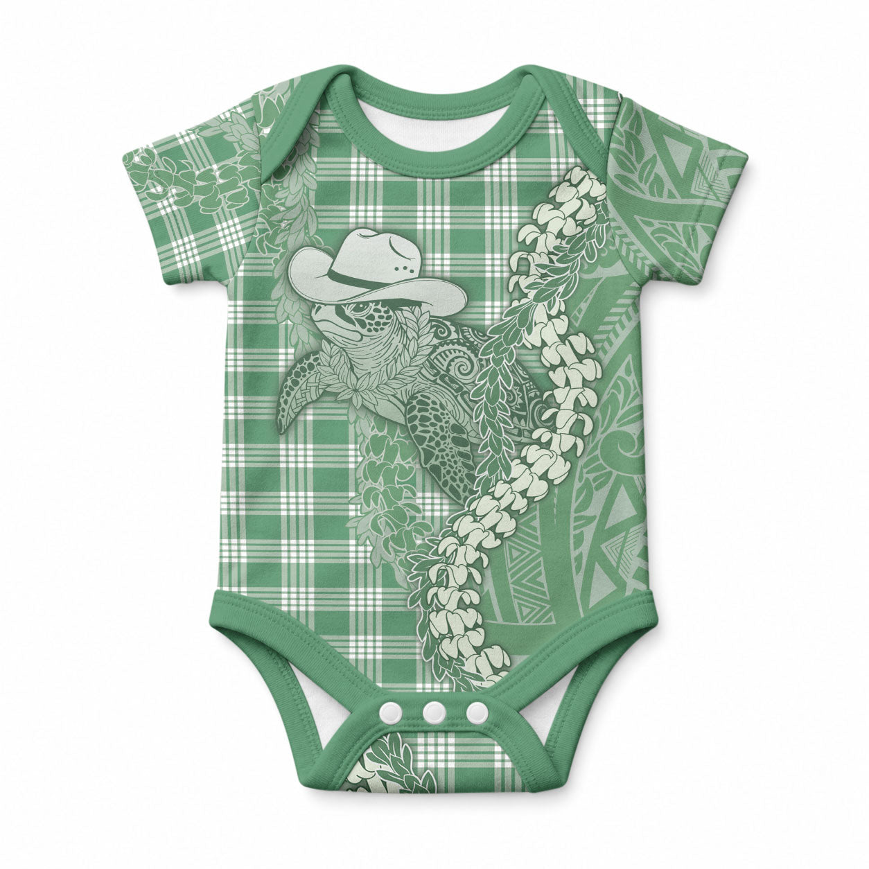 Green Hawaii Palaka Cowboy Turtle Baby Onesie Hawaiian Paniolo Puakenikeni Maile Lei