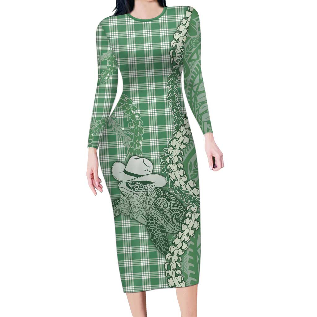 Green Hawaii Palaka Cowboy Turtle Long Sleeve Bodycon Dress Hawaiian Paniolo Puakenikeni Maile Lei DT05 Long Dress Green - Polynesian Pride